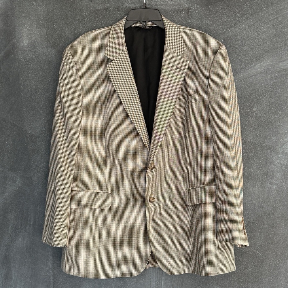 Jos A Bank Sport Coat Mens 46R Silk Wool Houndstooth Plaid Blazer Brown